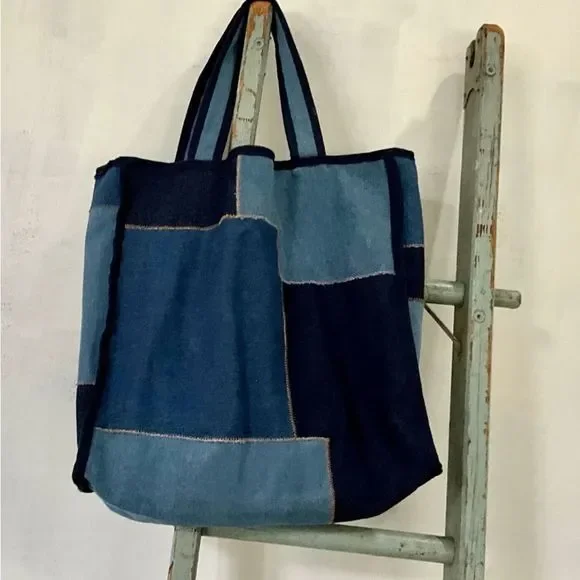 Urban Outfitters BDG Demin Patched Tote Back Reusable Washable Grocery Blue - Picture 4 of 4